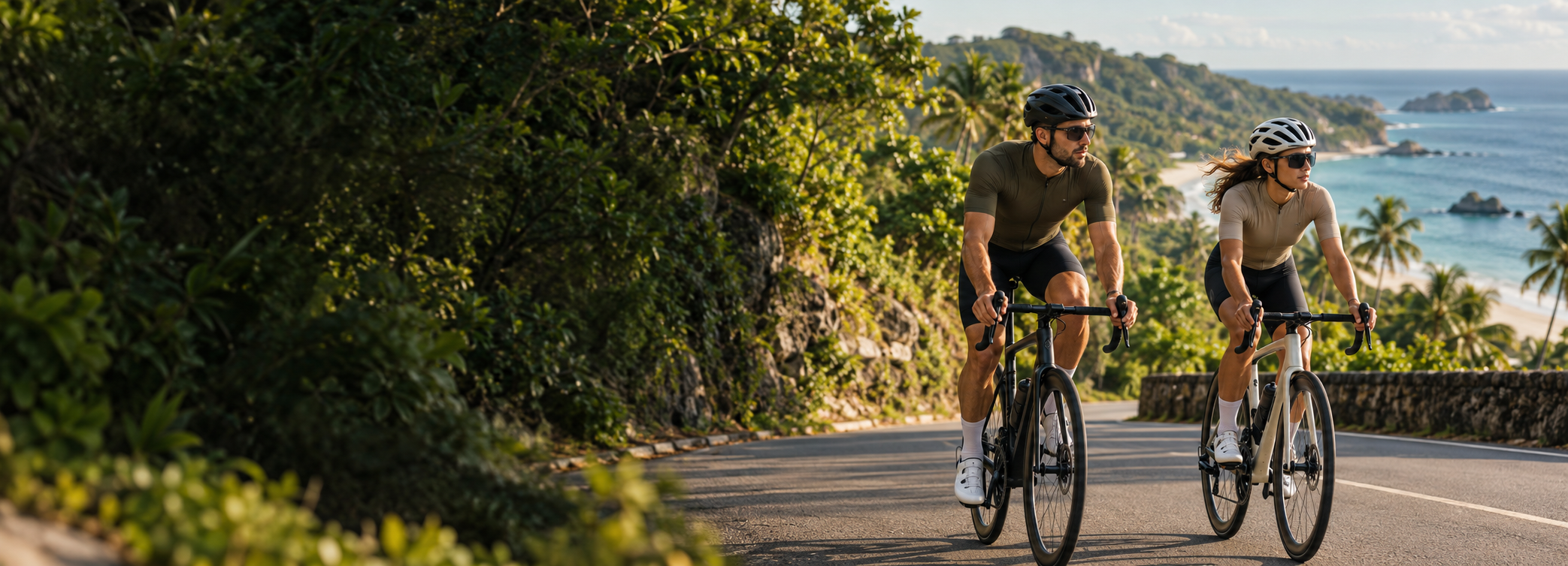 Ciclistas na estrada junto ao mar
